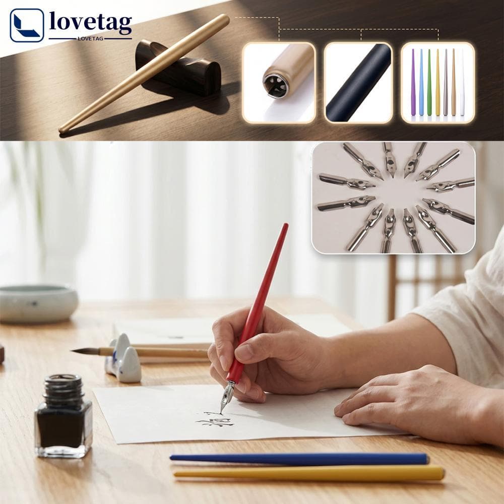 Conjunto De Caneta Tinteiro LOVETAG Dip Cabo De Madeira Ponta De Aço Inoxidável Caligrafia Desenho Cômico Esboço Papelar