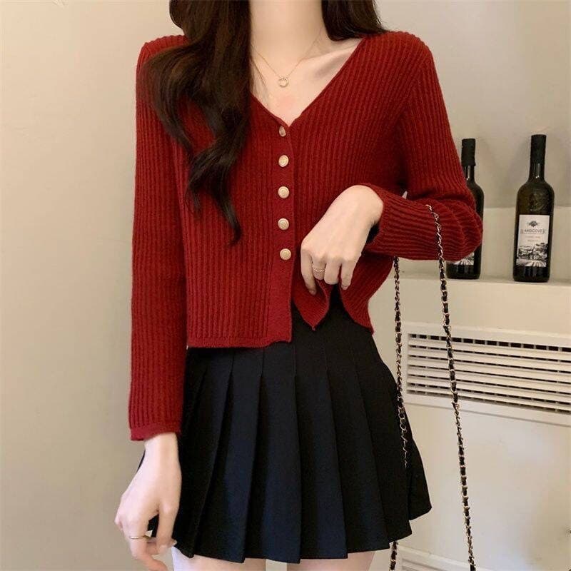 Cardigã feminino de malha com decote em V, novo estilo outono inverno, elegante, combina com tudo, rejuvenescedor 123