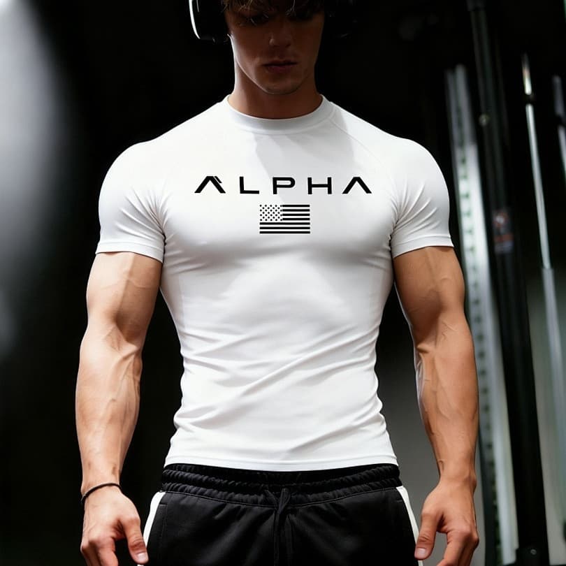 Alfa bandeira americana carta impressão Fitness masculino de manga curta comércio exterior pedido Original esportes topo