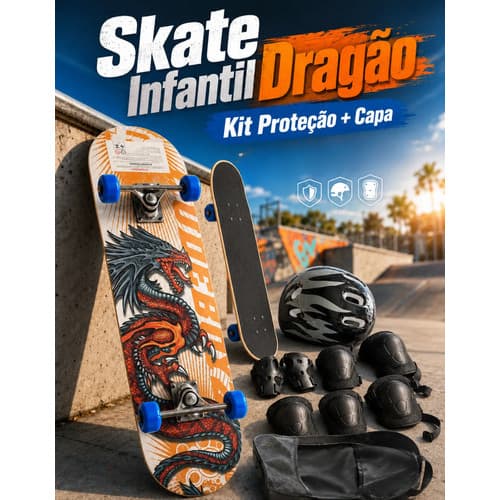 Skate Infantil Dragão Kit Proteção Completo Capacete Joelheiras Masculino Pronto para Andar Prancha com Lixa Presente