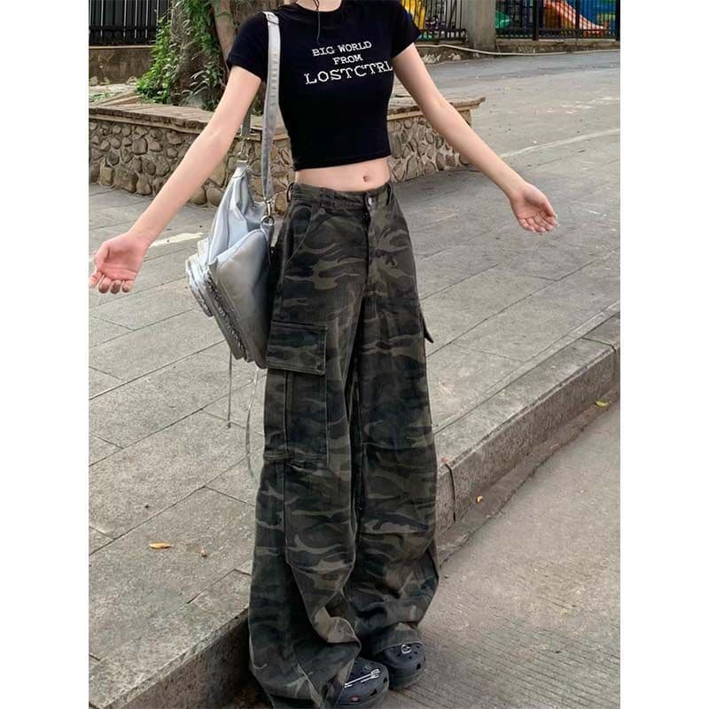 Calças cargo camufladas estilo americano para mulheres, novas calças jeans de verão de cintura alta, soltas, com efeito