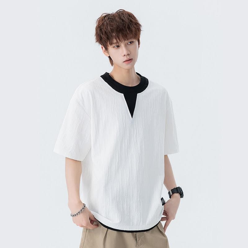 F Falso de duas peças de manga curta camiseta masculina verão americano em torno do pescoço solto estilo fino legal cami