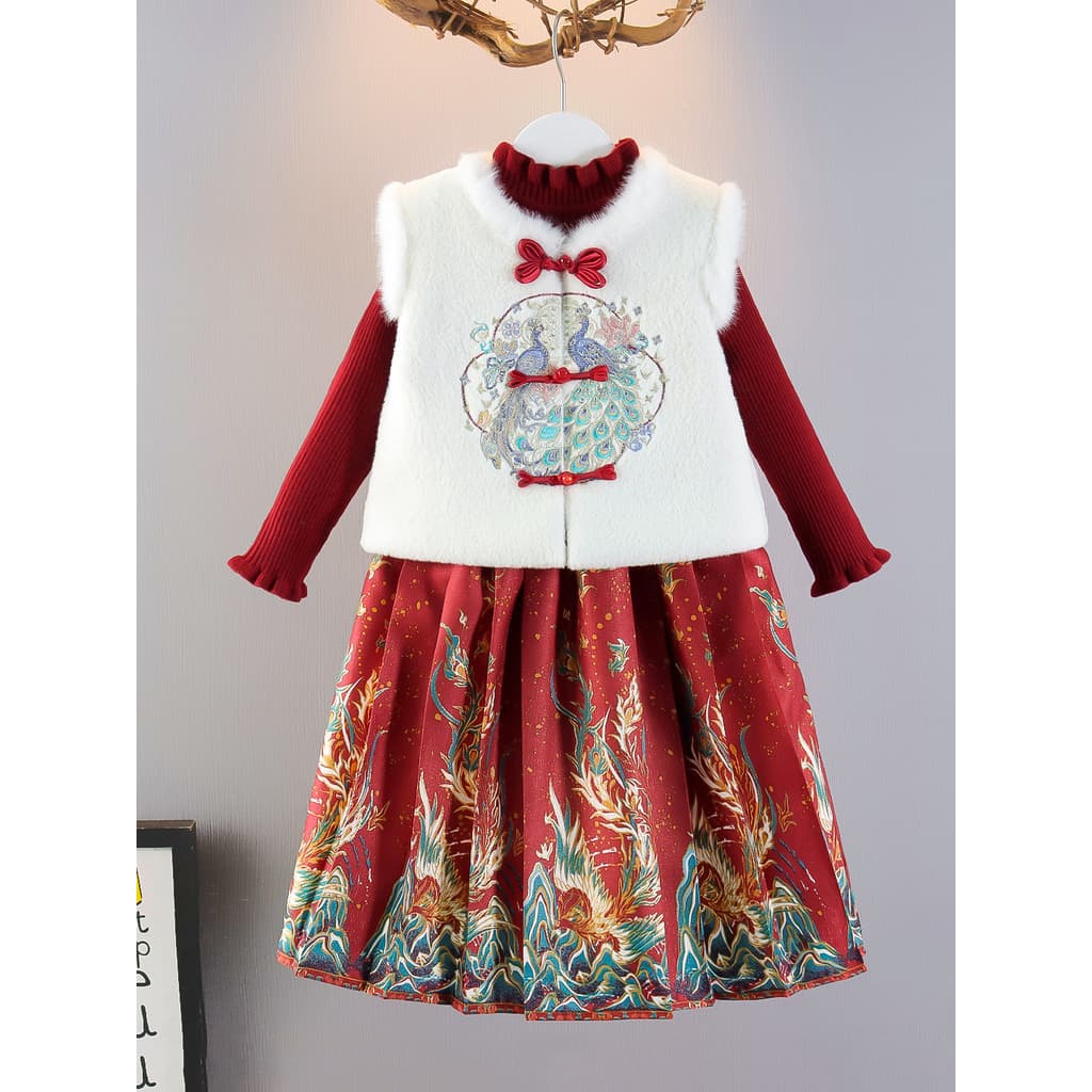 Meninas roupas de inverno colete saia estilo chinês bordado colete terno engrossado roupas de ano novo roupas de ano nov
