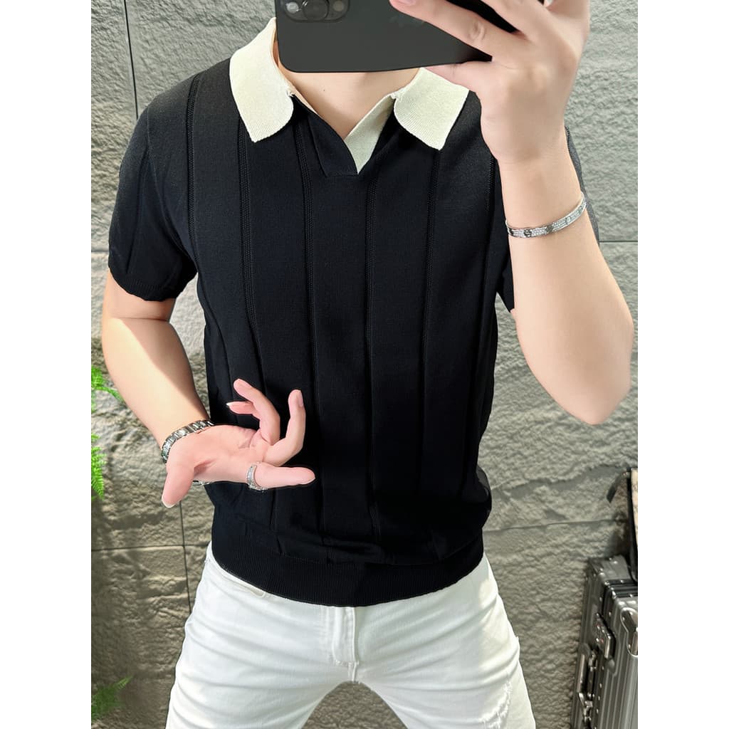 Estação europeia 2025 novas malhas britânicas de manga curta masculina lapela camiseta Street Wear Slim-Fit meia manga r