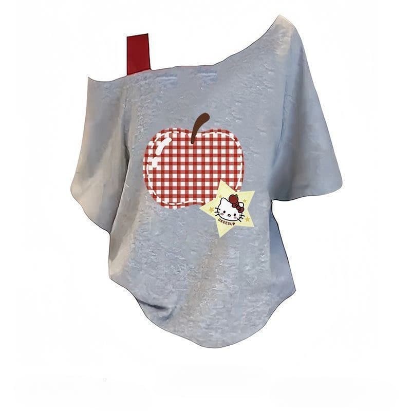 Camiseta feminina estampada em estilo coreano, corte solto, design de ombros à mostra, mangas curtas, material de algodã