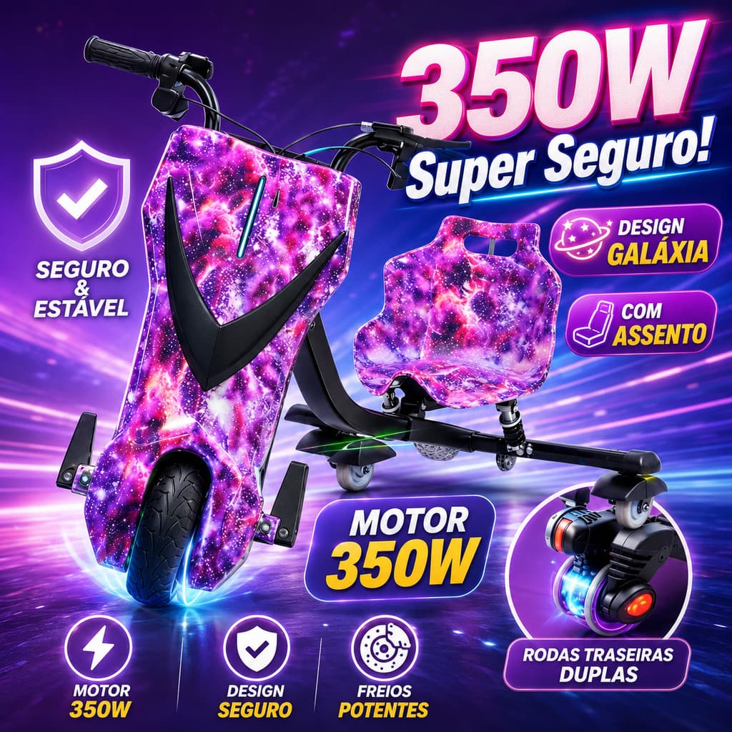 Triciclo Elétrico Drift Motorizado 350w 8'Polegadas Adulto/Infantil Bluetooth Luz Led 3 Velocidades