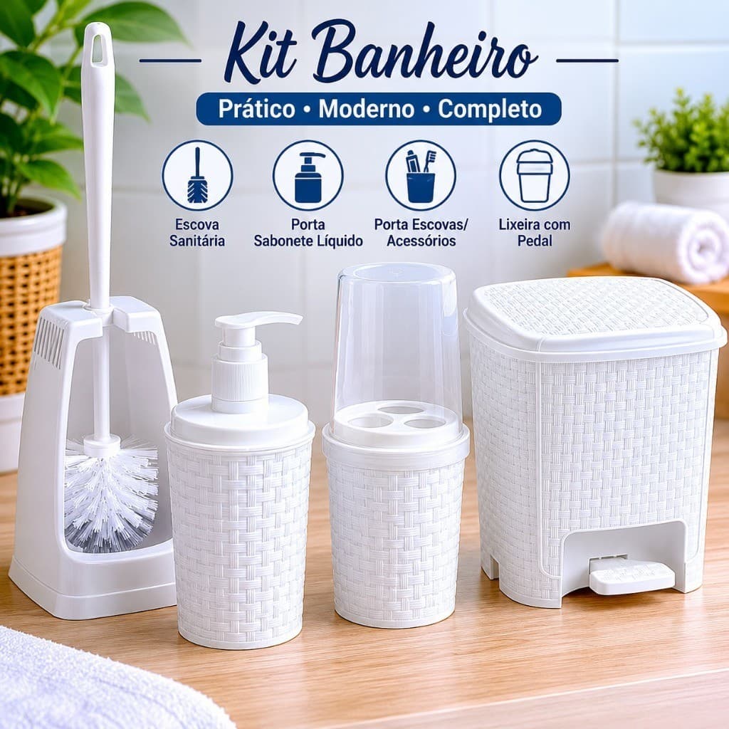 Jogo Kit Banheiro Branco 4 Peças Lixeira Com Pedal Porta Escova Saboneteira Moderno