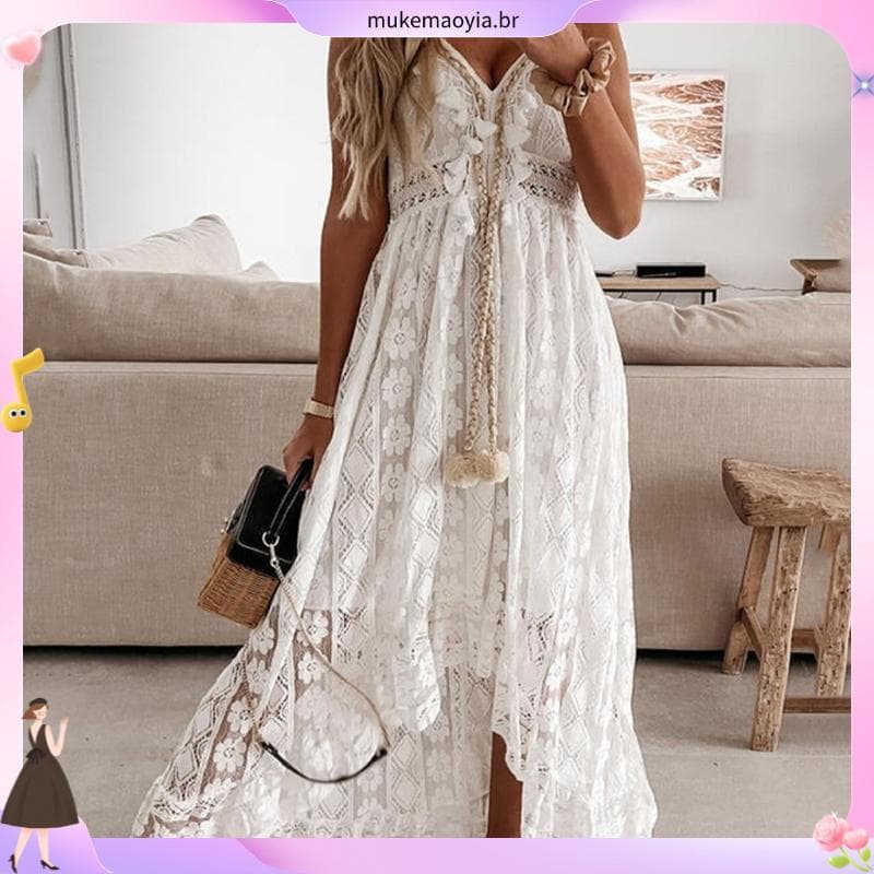 Vestido De Praia Sem Mangas Boh emian Com Decote Em V