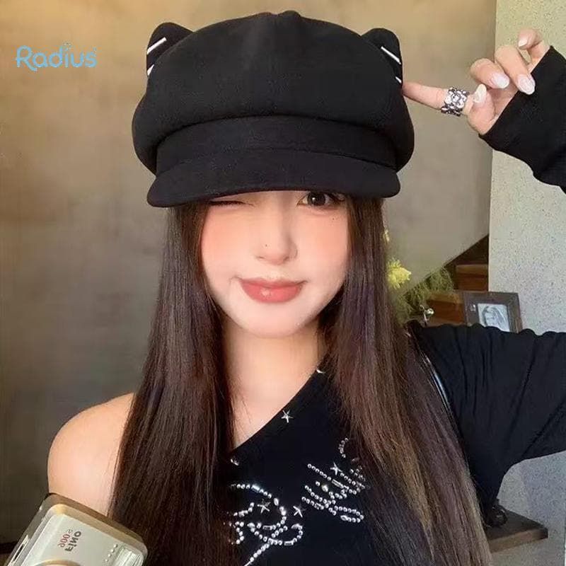 Boina Com Orelha De Gato De Lã Fofa Estilo Japonês Raio Para Mulheres Outono E Inverno Chapéu Octogonal Novo