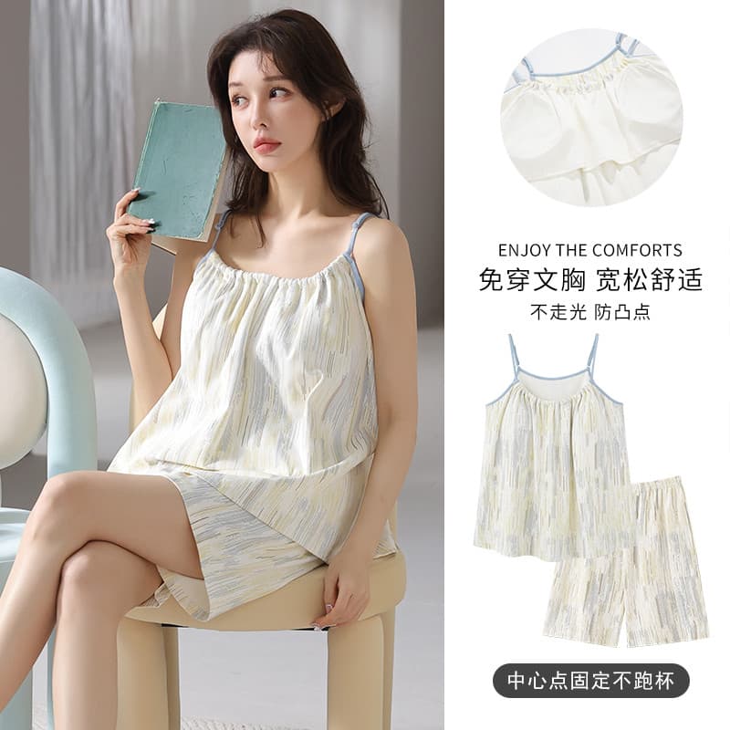 Pijamas de algodão puro feminino verão estilingue almofada no peito colete de uma peça Shorts 2025 novo estilo pulôver S