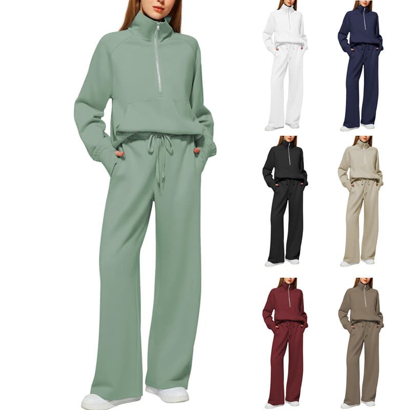 Conjunto Feminino De Duas Peças Oversized Meio Zíper Moletom De Perna Larga Casual