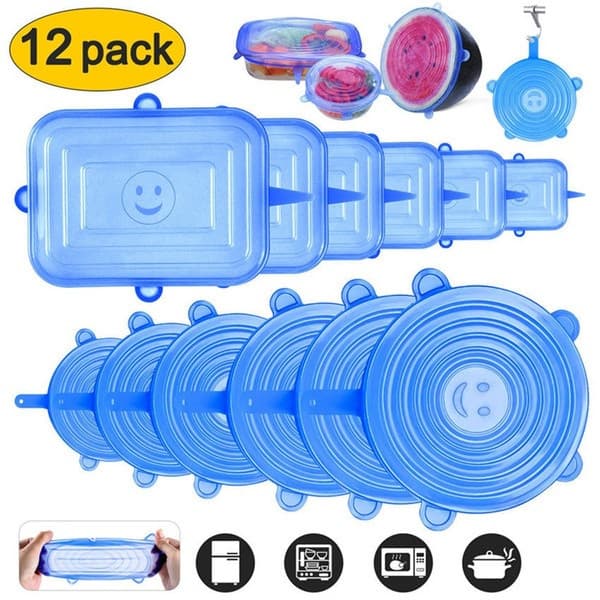 Pacote com 6 ou 12 Tampas de Silicone Reutilizáveis para Armazenamento de Alimentos, Utensílios de Cozinha para Copos, C