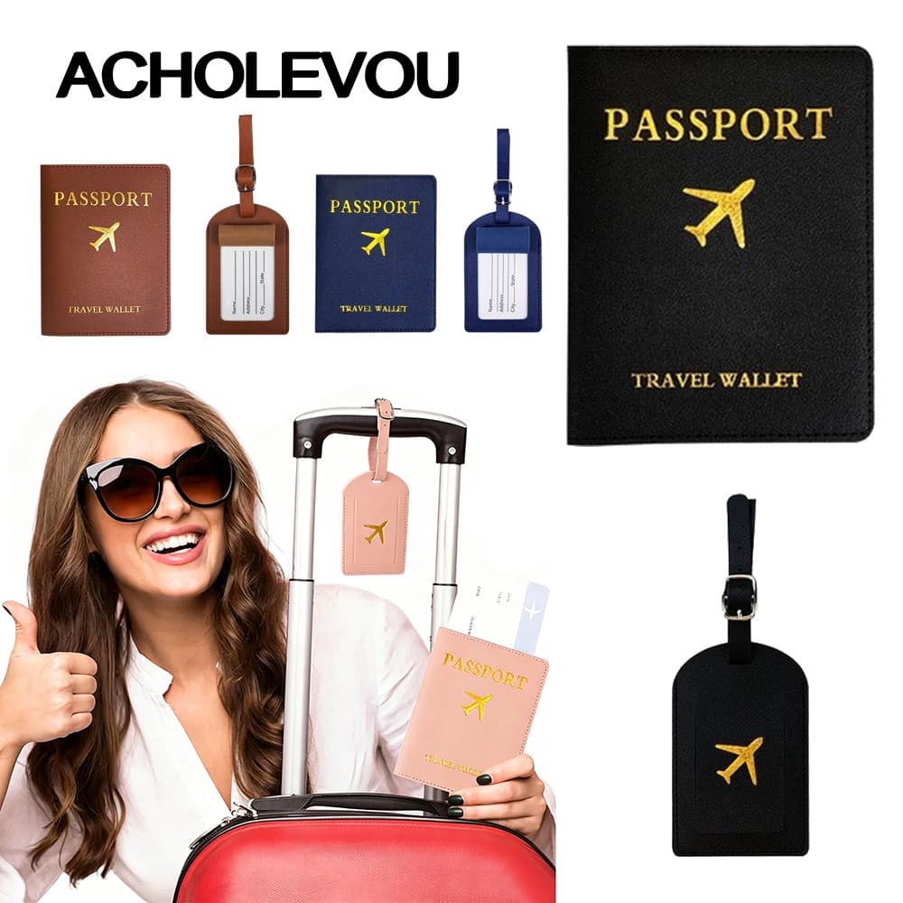 Kit Capa De Passaporte + Etiqueta De Bagagem Couro PU Resistente Água Acessório Viagem Internacional