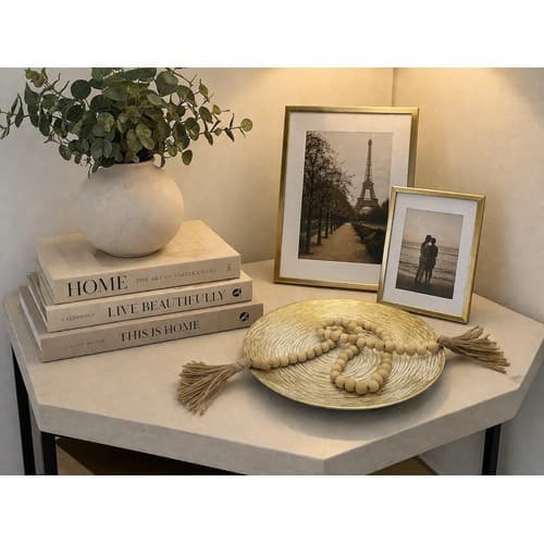 Colar Decorativo Bandeja Mesa De Centro Decoração Sala Luxo  Bege E Dourado
