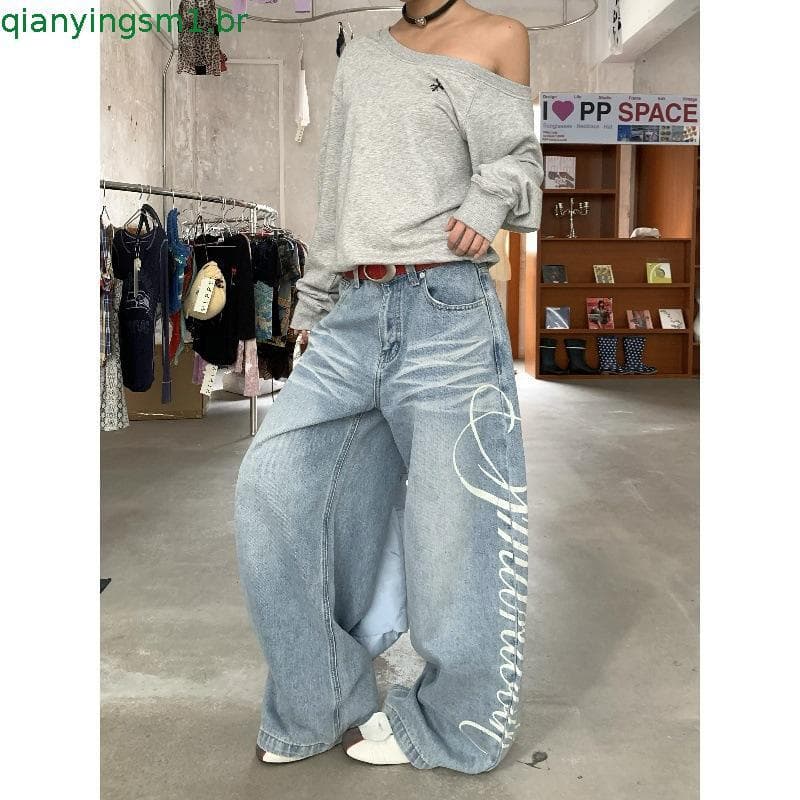 Novo estilo calças Machete azul 2025 primavera verão rasgado Jeans solto mais magro olhar Drape versão estreita capa car