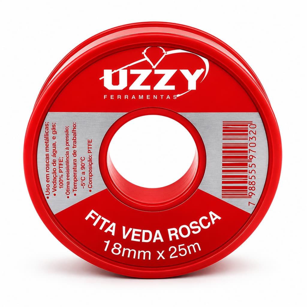 Fita Veda Rosca Teflon Uzzy 18mm x 25m para Chuveiro, Torneira e Tubulação Hidráulica