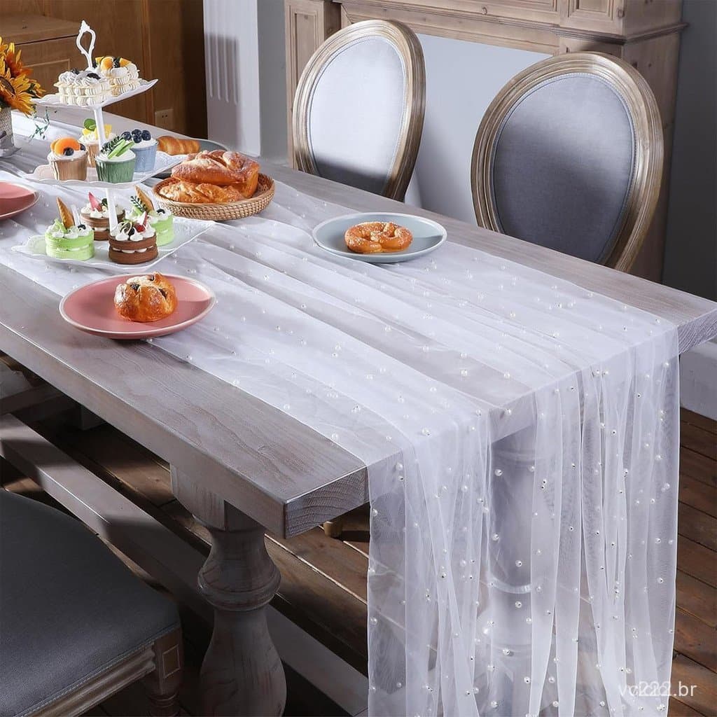 Toalha de Mesa de Tule com Pérolas, Tecido Branco para Véu de Noiva para Decoração de Mesa de Sobremesas, Arco ZTHZ HTJC