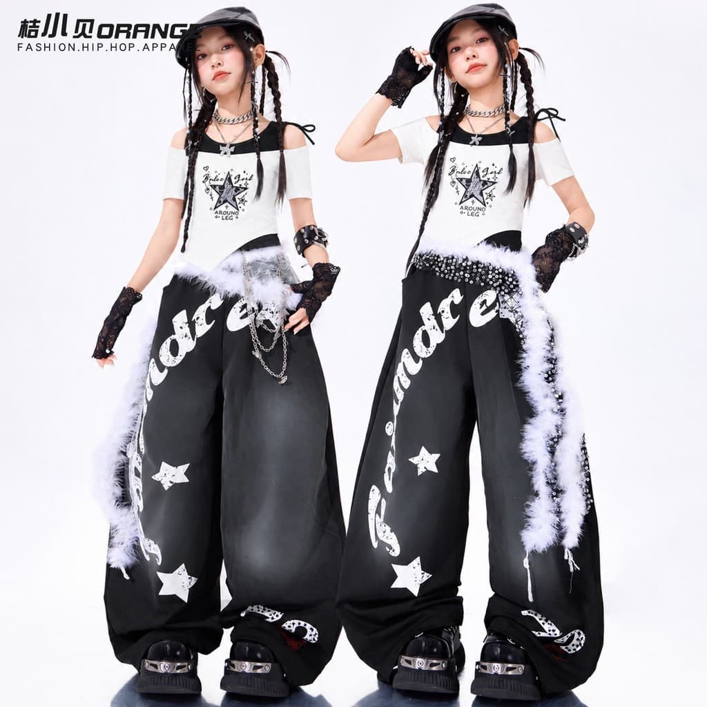 Meninas trajes de jazz falso duas peças escola primária passarela dança rua crianças dança meninas jazz Hip Hop trajes