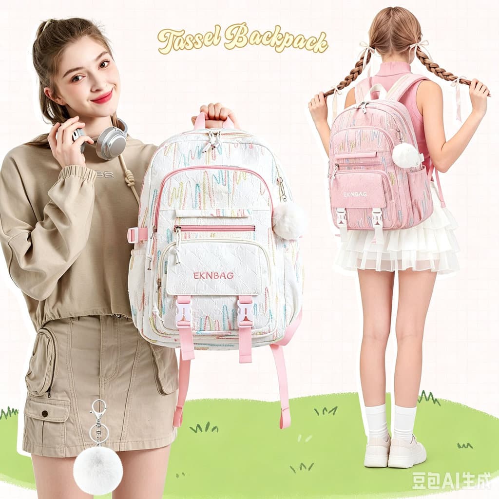 Mochila exclusiva Graffiti Girl Macaron Color Tecido repelente de água Tridimensional Decoração de garra de gato fofa ve