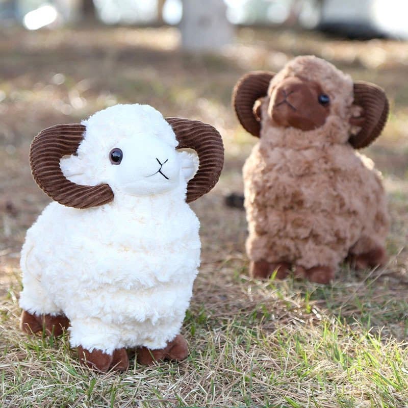 Brinquedo de pelúcia de cabra com chifres curvos, brinquedo de pelúcia de ovelhinha, boneca de pelúcia, almofada, orname