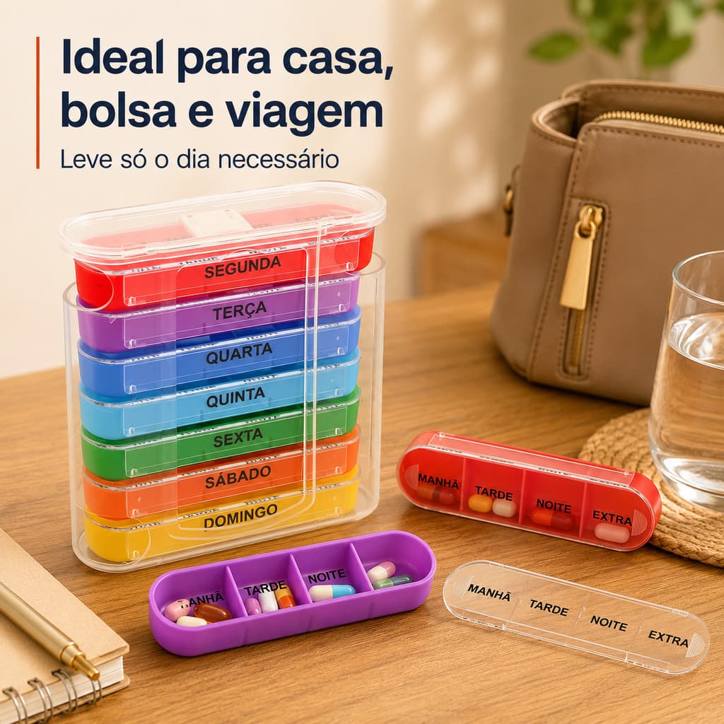 Organizador de Comprimidos Semanal com 7 Caixas e 4 Compartimentos por Dia Portátil