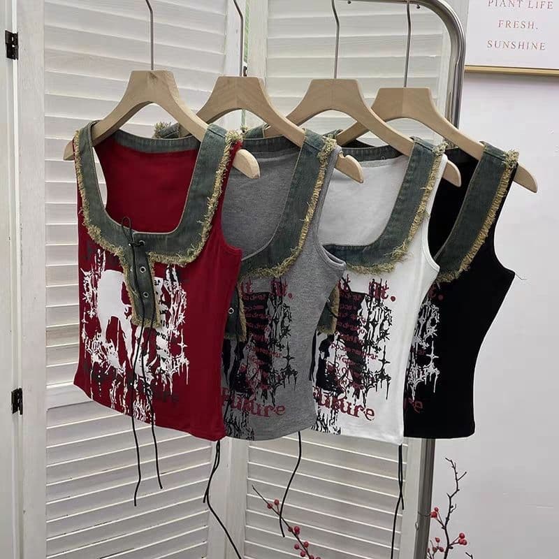 Top feminino único estilo americano, deslumbrante top de verão sem alças e sem mangas estilo Y2K, jeans feminino tailand