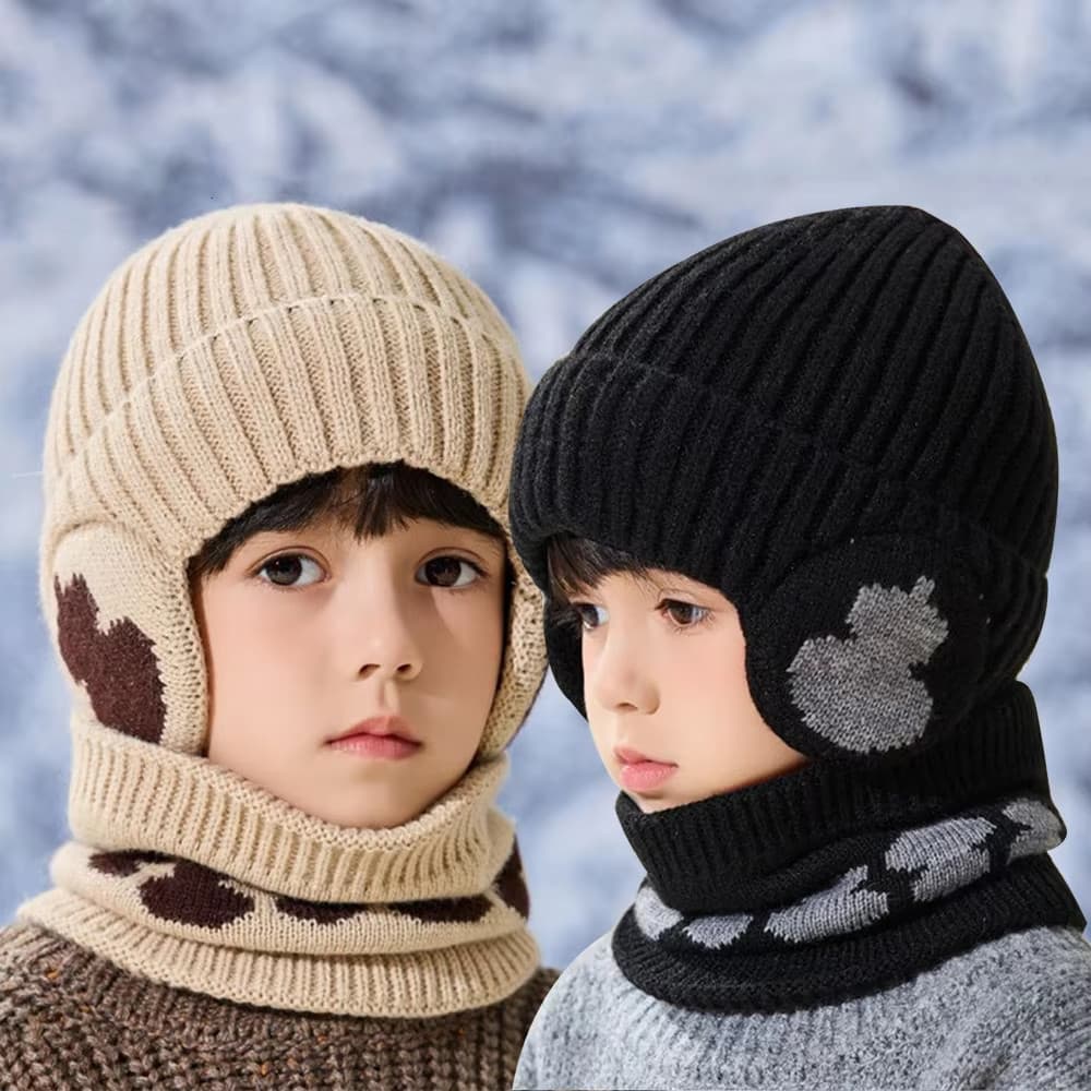 Chapéu De Inverno De Malha Thiened Para Crianças Proteção De Ouvido Lenço De Algodão Quente Capa De Cabeça Macia E Confo