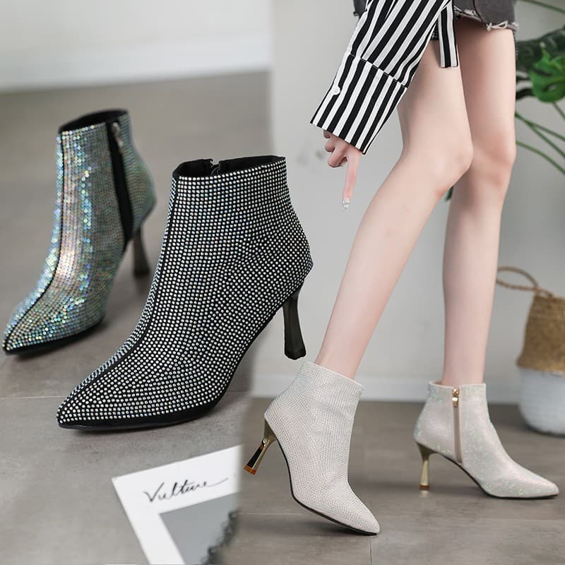 Botas curtas femininas 2023, nova coleção de outono, versão coreana, versáteis, com strass, bico fino, salto agulha, bot