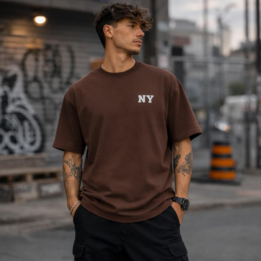 Camiseta Estampada NY Marrom Bege Branco em Tecido 100% Algodão promocao