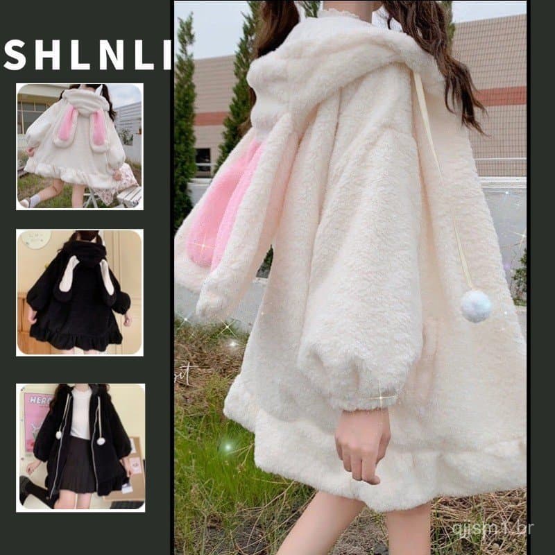 Casaco Feminino de Outono Inverno, Fofo, Acolchoado, com Capuz e Orelhas de Coelho, Comprimento Médio, Casaco de Lã de C