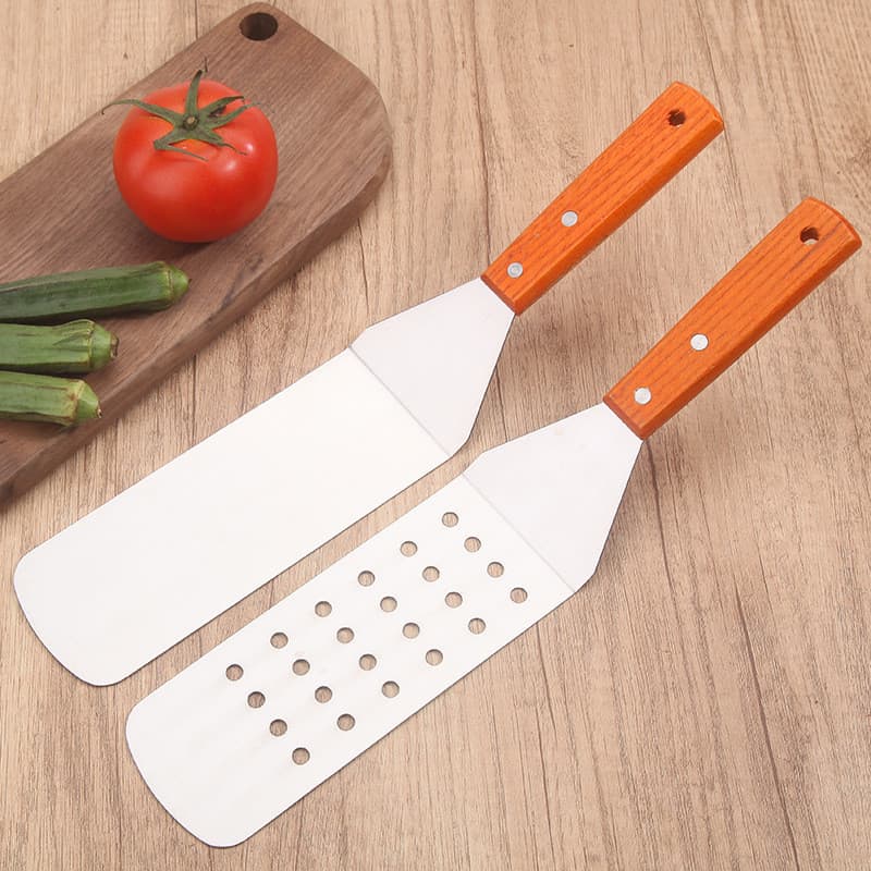 [Estoque pronto] Espátula de fritura com cabo de madeira em aço inoxidável Teppanyaki Espátula de cozinha para fritar pe