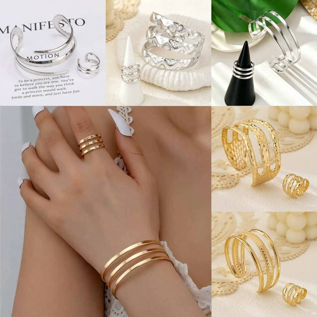 Kit Pulseira e Anel 3 Camadas Prata Dourado Design Liso Elegante Uso Casual Acessório Feminino para Presente