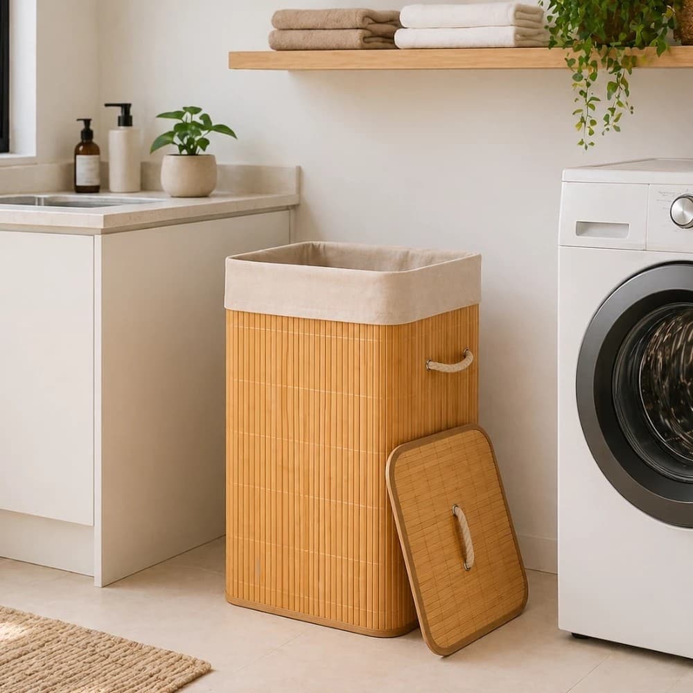 Cesto Organizador Bambu Madeira Roupa Suja Guarda Brinquedo Objetos Caixa Cobertor Toalha