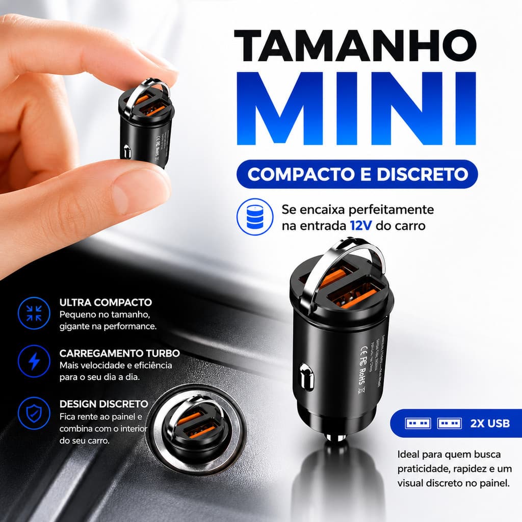 Carregador Veicular para carro Turbo USB Carregamento Rápido Dual Porta 12V 24V