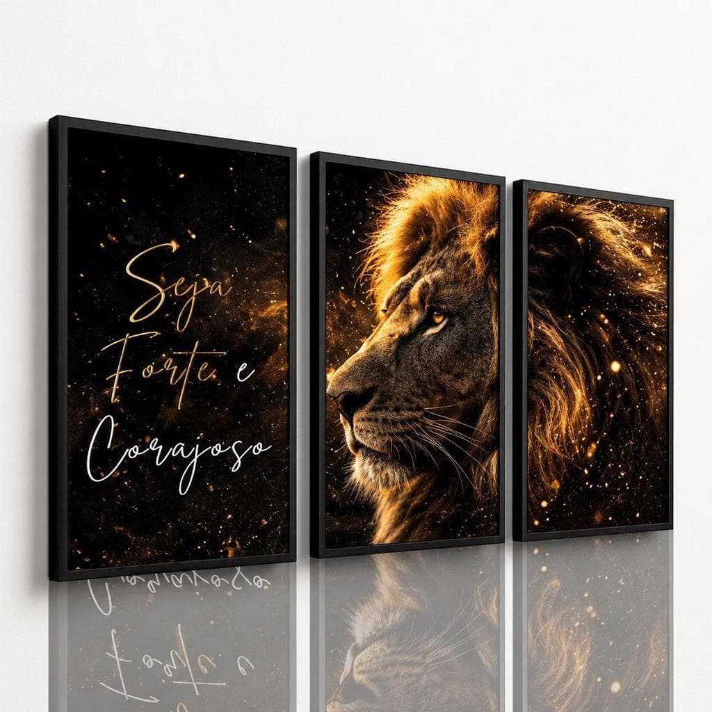 Quadro Decorativo Leão Judá Religioso Frase Seja Forte Corajoso Moderno Parede 3 Peças Sala Quarto Luxo 40x60 120cm