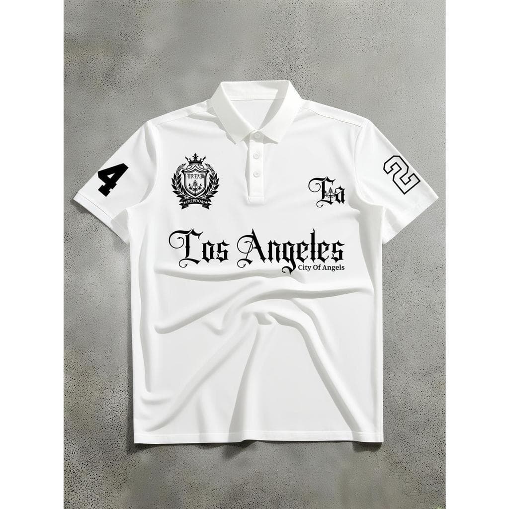 Polo de Manga Curta com Gola para Homem, Estampado com Patch da Letra "City of Angels", Top Casual Versátil e Fashion