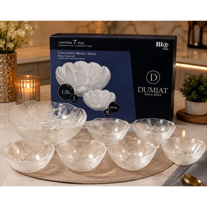 Kit Bowl de Vidro 7 Peças Conjunto de Saladeira Grande + 6 Bowls de Sobremesa Salada Frutas Rio Glass Dumiat