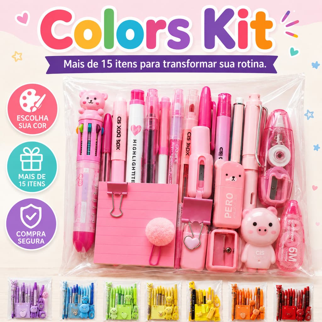 Colors Kit – Mais de 15 Itens de Papelaria: um kit completo que une organização, criatividade e estilo em um só lugar.