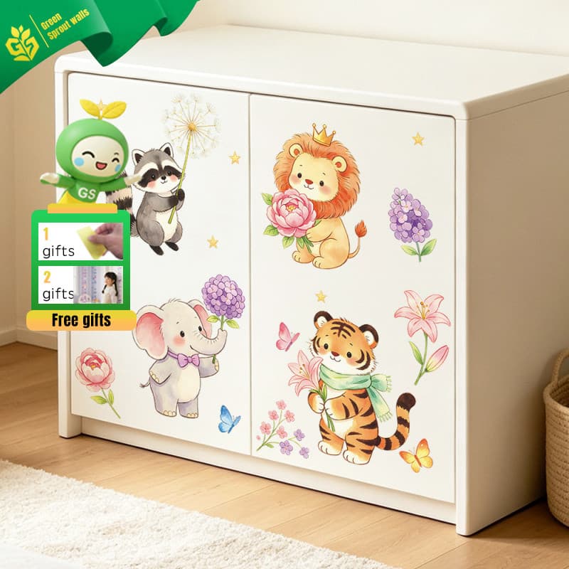 Desenhos animados pintados pequenos animais combinação flor quarto guarda-roupa casa embelezamento adesivos decorativos