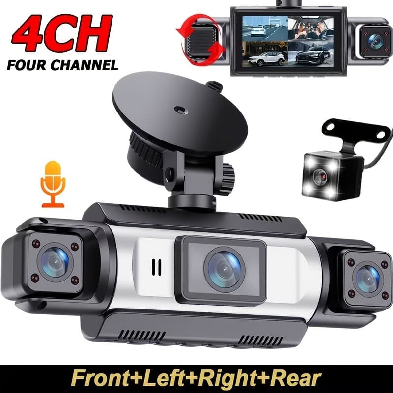 Câmera de painel para carro com configuração genuína de 4 canais, apresentando resolução Full HD 1080P para a frente e 7