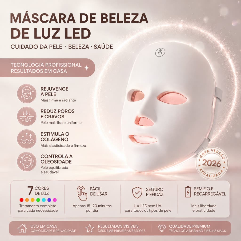 Máscara Facial LED 7 Cores Fototerapia Anti-acne Rejuvenescedor Firmador Iluminador Antienvelhecimento