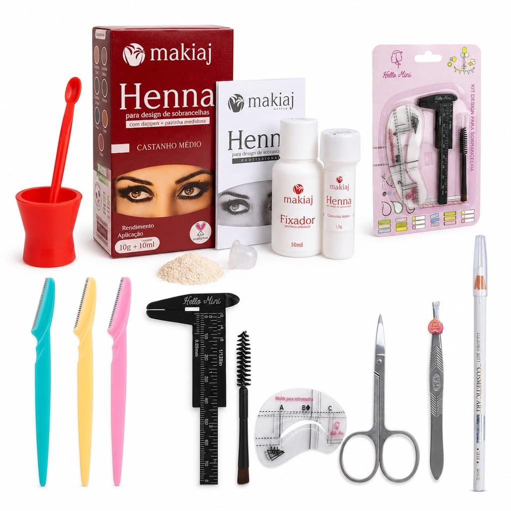 Kit para Designers Sobrancelhas Henna Makiaj Iniciante e Profissional Completo Navalha Pincel Lapis