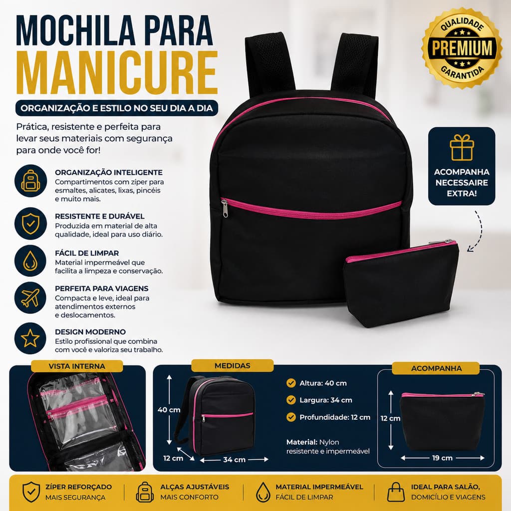 Mochila Organizadora para Manicure Capacidade 120 Esmaltes Nylon 600