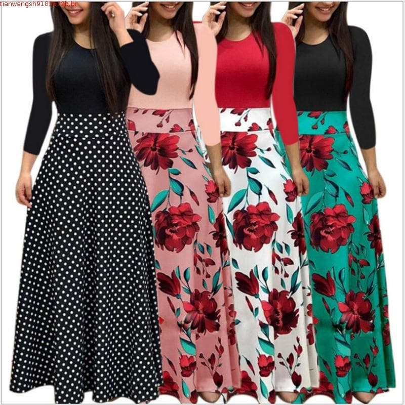 Vestido de Manga Longa Elegante Impresso de Manga Redonda Feminina Tamanho Plus