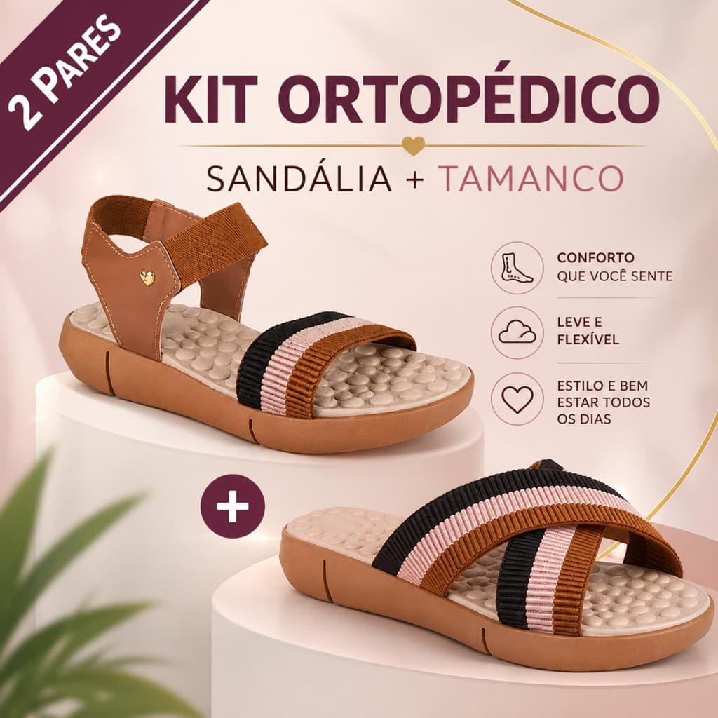 Kit 2 Pares Chinelo + Sandália Feminina Ortopédica Palmilha Massageadora Casual Leve Macio Confortável Sola de Eva