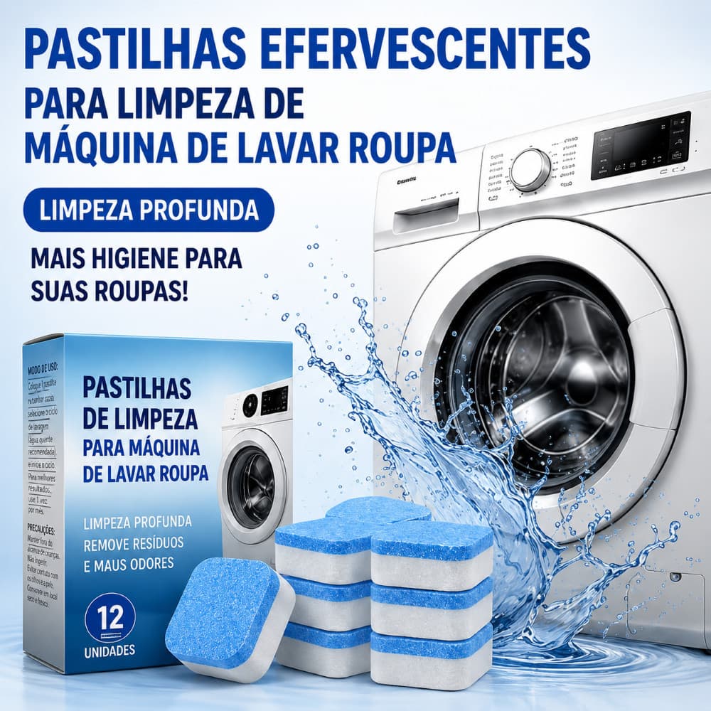 Caixa com 12 Pastilhas de Limpeza para Máquina de Lavar Roupa Higienização Profunda do Tambor