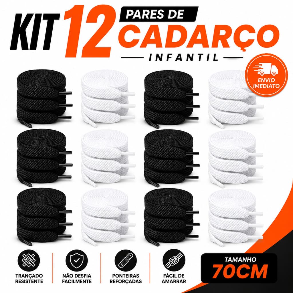 Kit 12 Pares Cadarço Chato 70cm Infantil Poliéster Cruzado 8mm Atacado