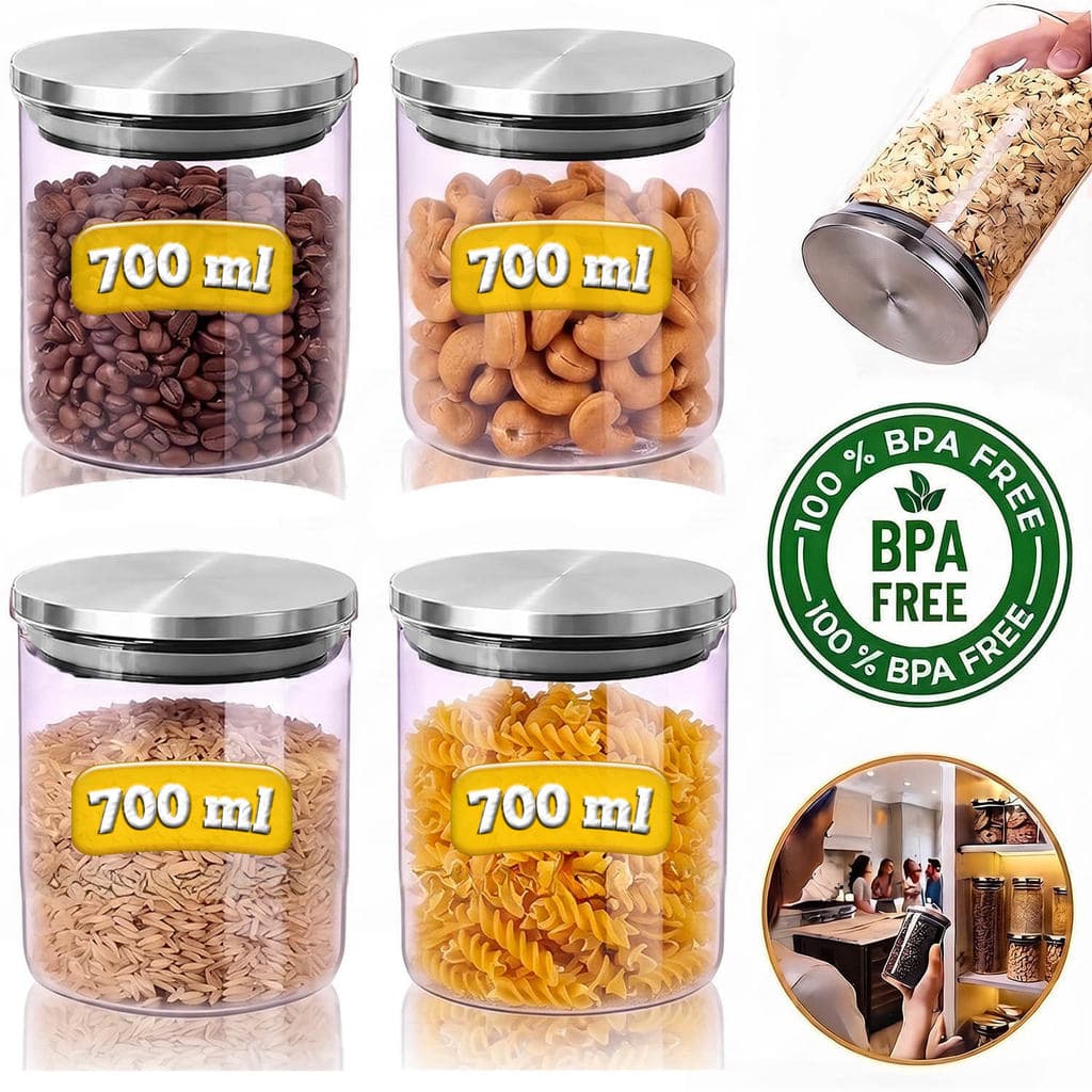 Kit 4 Potes Hermético de Vidro 700ml Borossilicato Tampa Inox - Organizador de Cozinha Condimentos