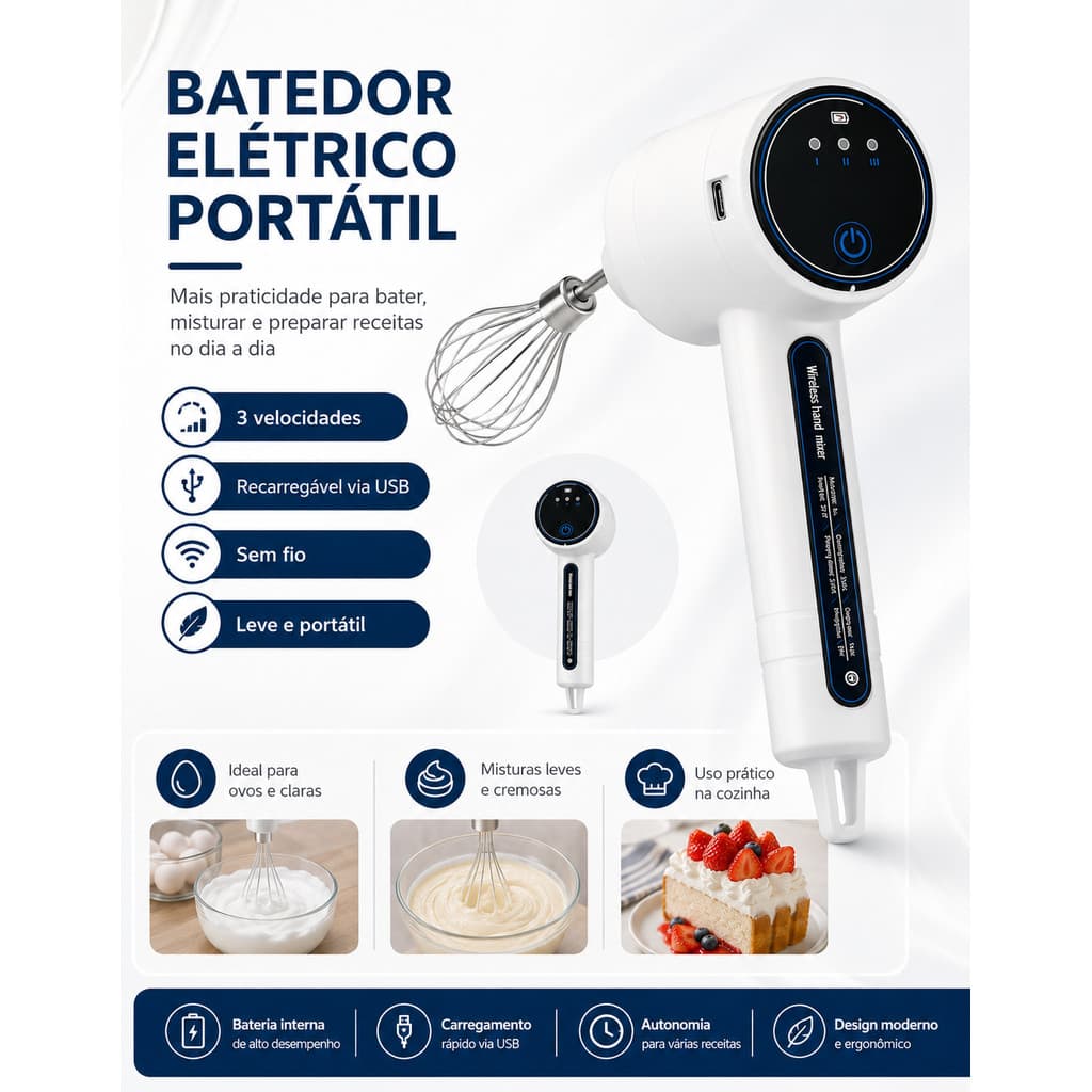 Mini Batedeira e Processador Elétrico Portátil 2 em 1 Recarregável Bateria