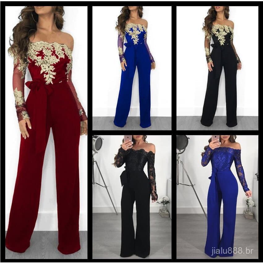 Macacão Longo Feminino 5ZJ3 para Festa Formal em Tecido Tricotado com Gola Alta e Mangas Longas 9LLO OVAF